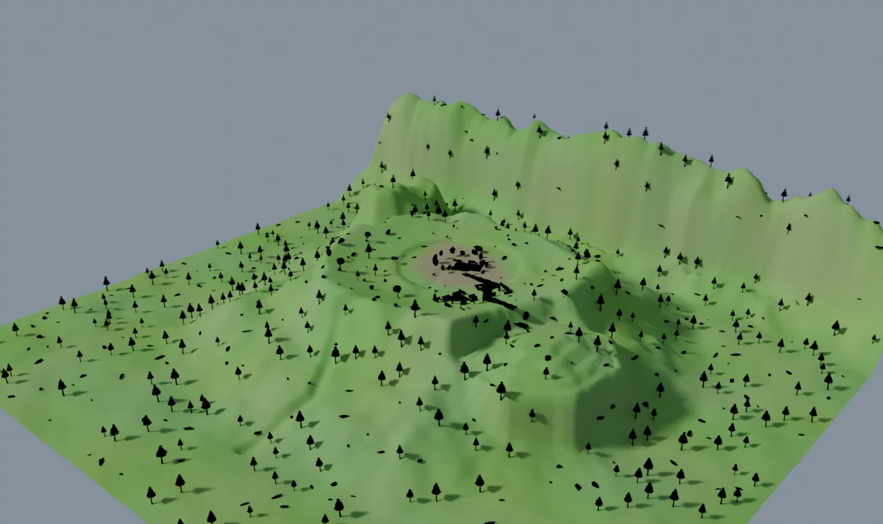 The same scene after the lighting fix — sun, ambient fill, flat materials and terrain vertex colours.