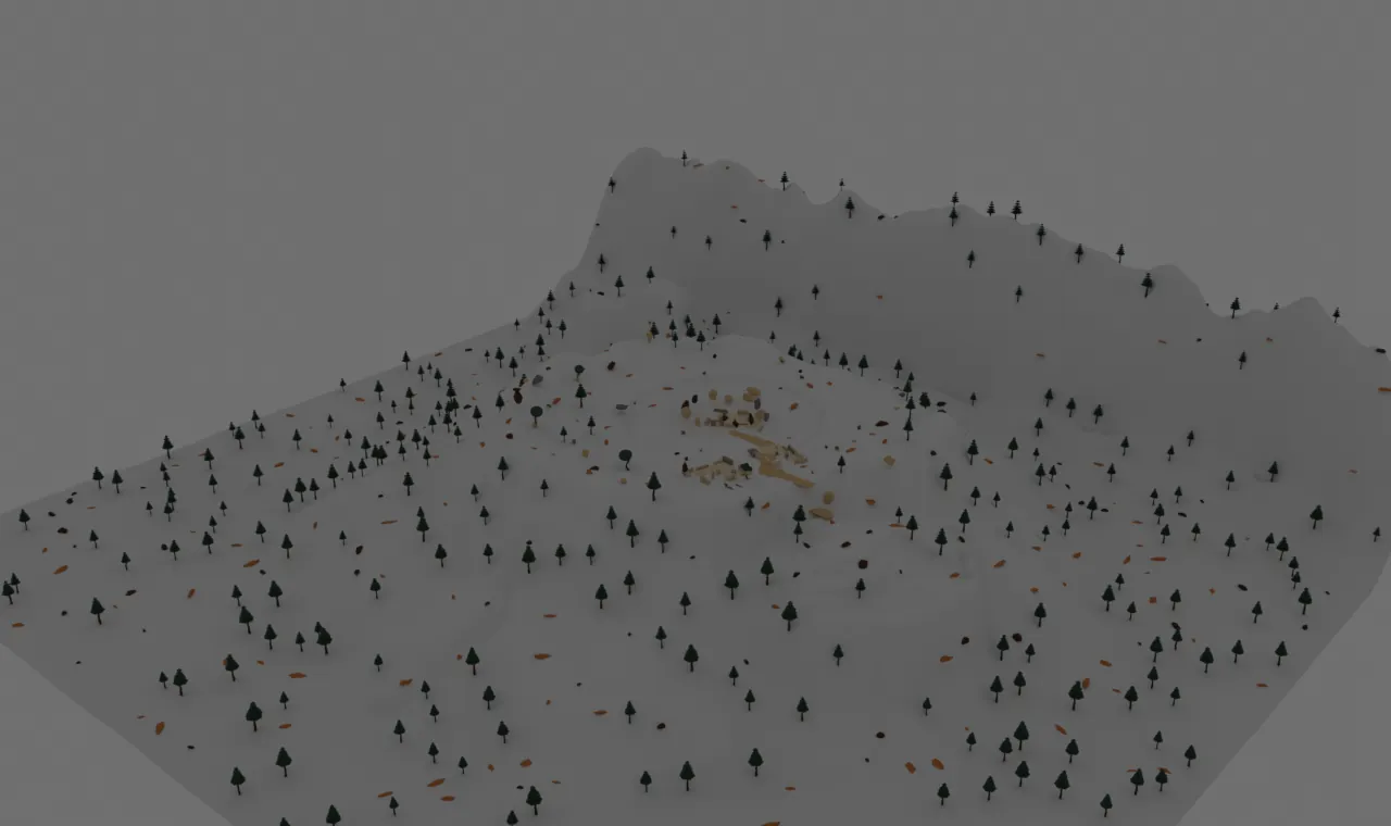 A Songe scene imported raw — flat grey, no key light, terrain colours not shown.
